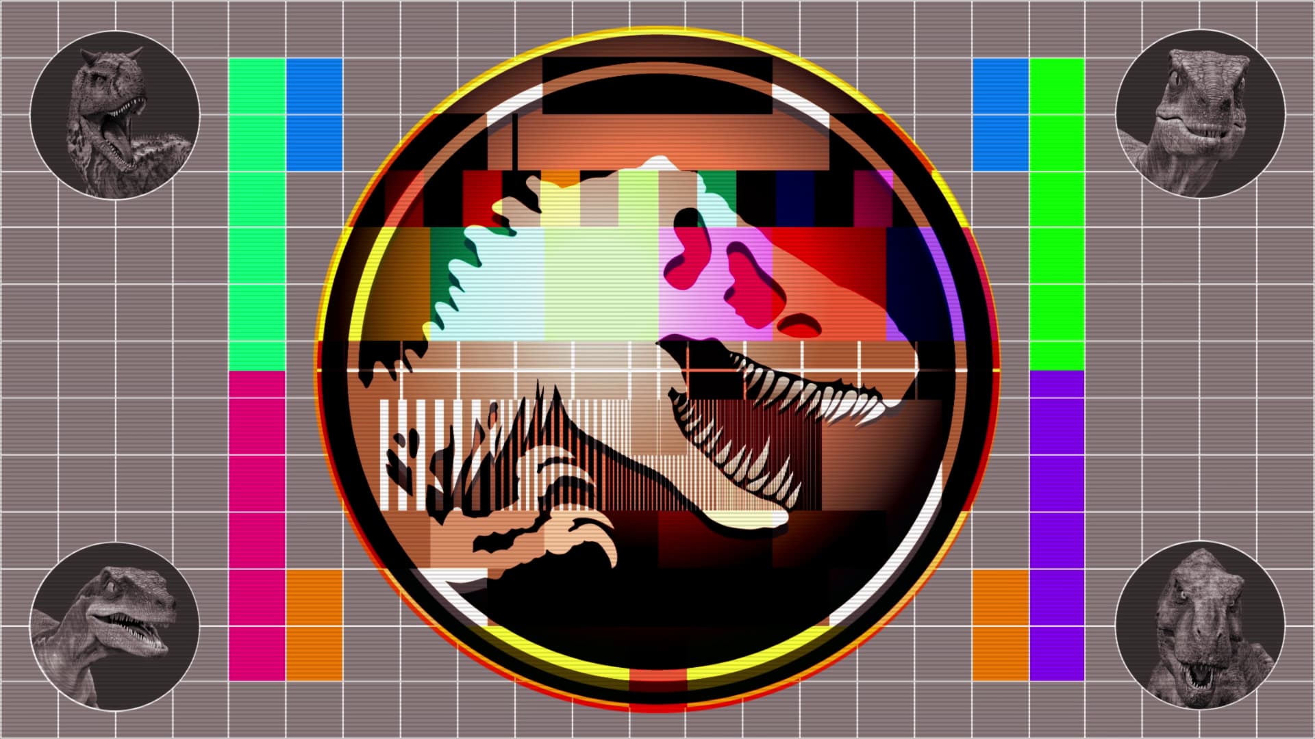 A TV title card in the style of DreamWorks Jurrassic World with the iconic T-Rex skeleton in the centre and other dinosaurs in the corners.