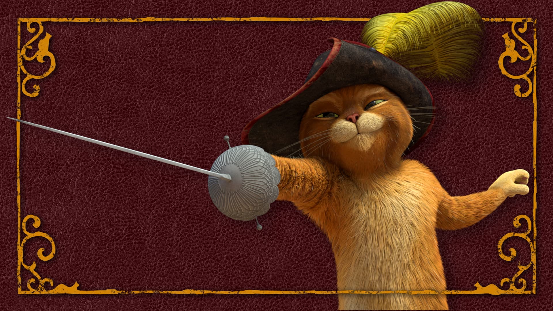 DreamWorks Puss in Boots waves his sword towards the viewer on a red leather background and framed in an ornate golden frame.