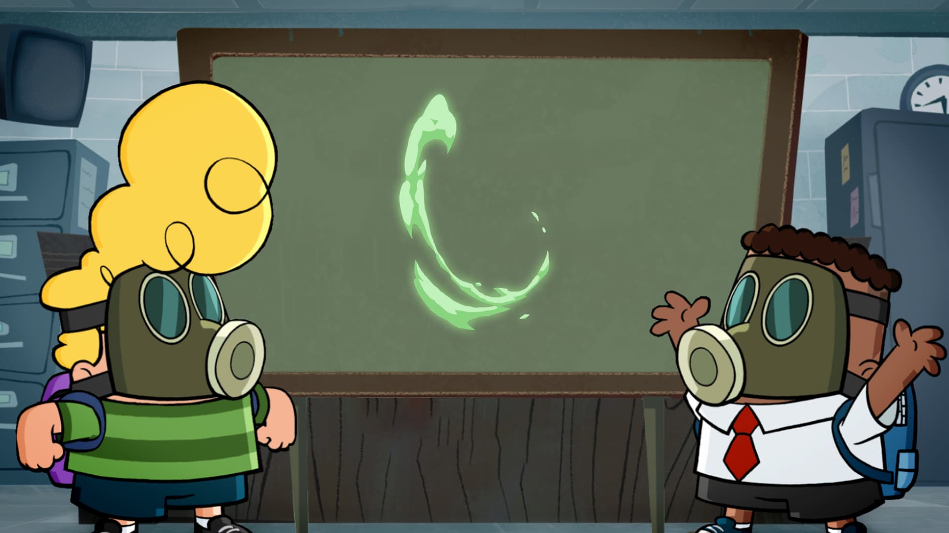 George and Harold from DreamWorks Captain underpants are wearing gas masks analysing a fart on a giant chalkboard as part of a game.
