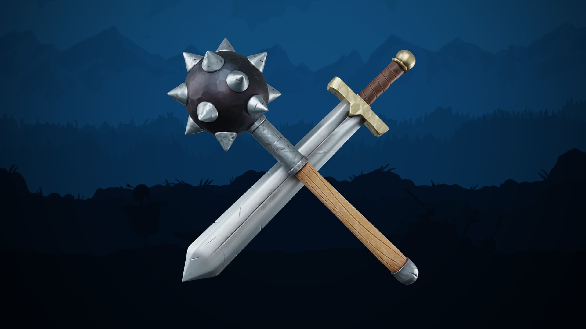 A stylized sword and mace sit crossed in the centre of the screen. In the background is a distant view of the hills.